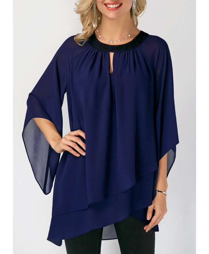 Navy Blue Keyhole Neckline Asymmetric Hem Blouse